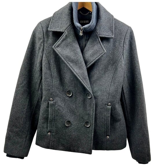 Guess Peacoat Jacket Womens Large Wool Blend Double Breasted Gray Winter Coat - Picture 2 of 12